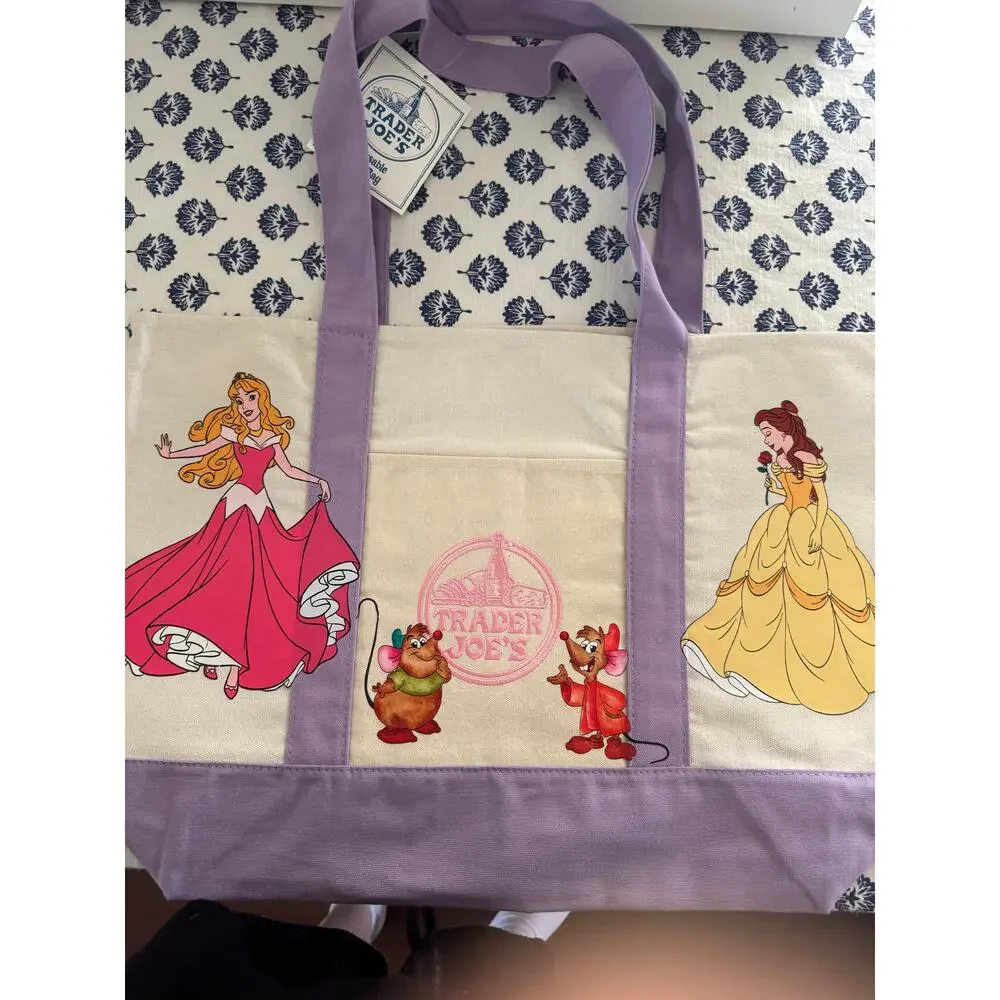 Disney Princess Custom Made Trader Joes Large Purple Tote Belle, Ariel, Rapunzel